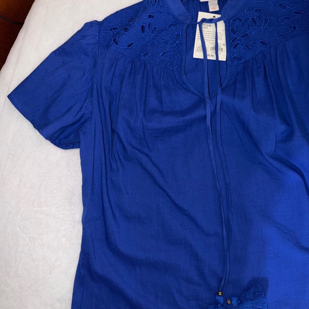 Knox Rose Womens Blue Embroidered Tassel Tie Blouse Short Sleeve Top Small NWT - Picture 5 of 9